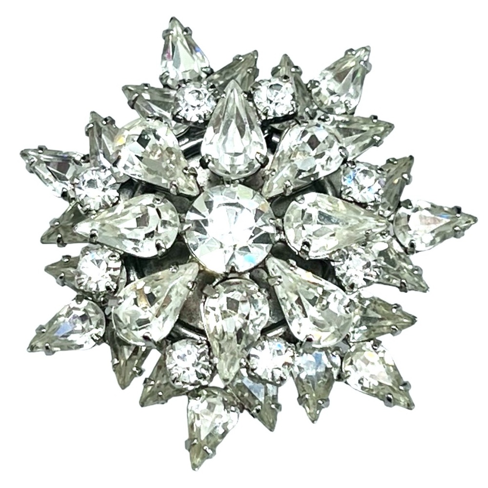 VINTAGE CLEAR RHINESTONE CRYSTAL SUNBURST OR SNOWFLAKE DOMED STATEMENT BROOCH